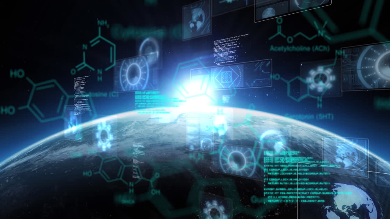 지구와 태양 위의 화면에서 과학 데이터 처리 및 스 ⁇  스캐닝의 애니메이션