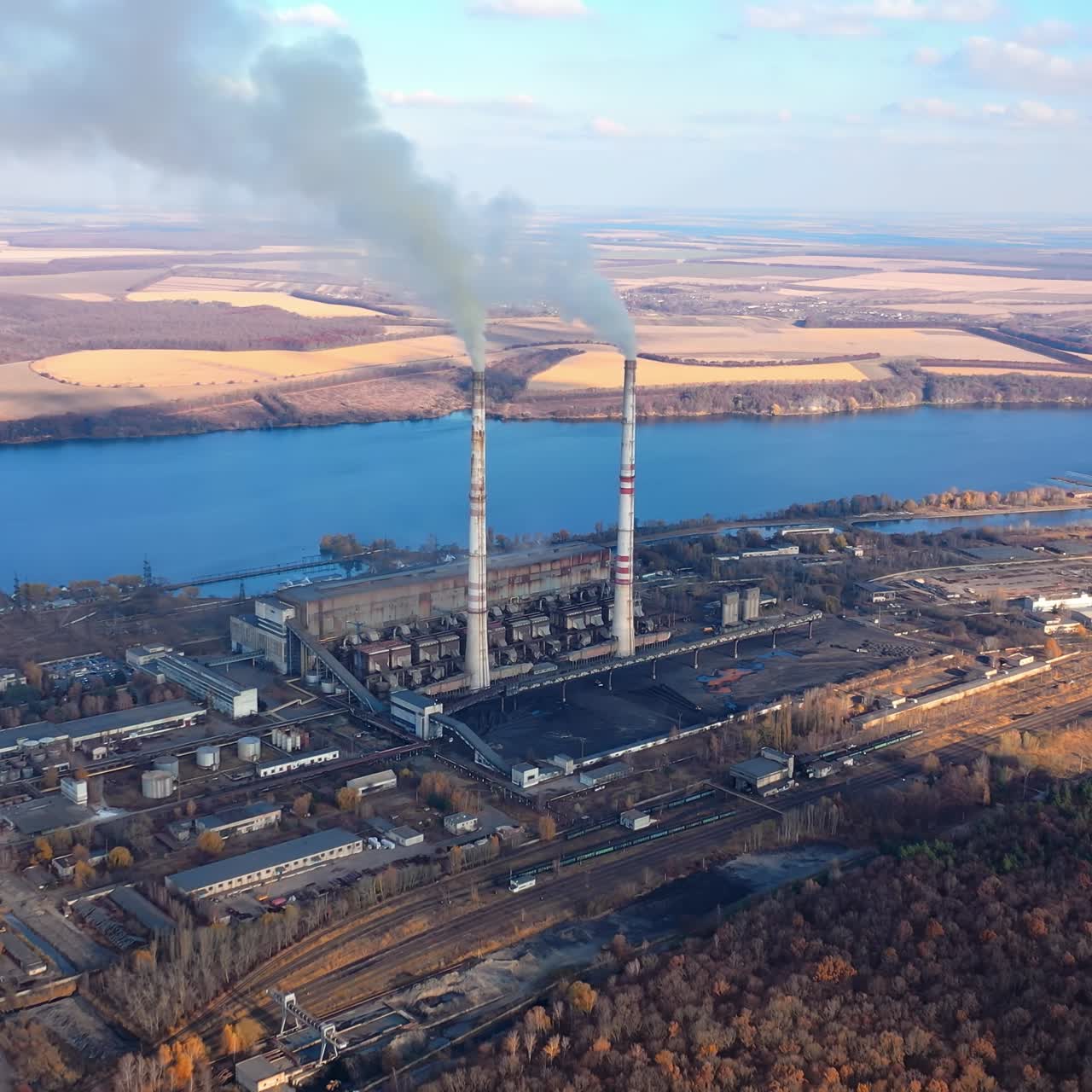 Smoking from factory tube. Toxic production company enterprise