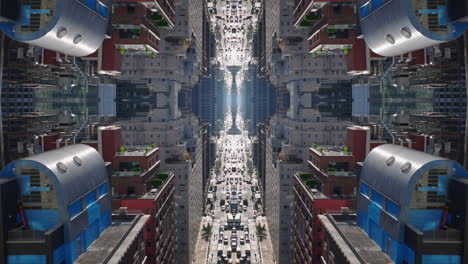 Forwards-fly-above-busy-street-in-metropolis.-View-against-sun-shine.-Abstract-computer-effect-digital-composed-footage