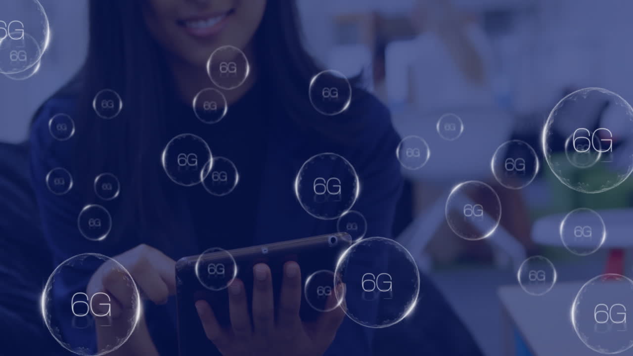 Animation of 6g icons over smiling asian woman using tablet