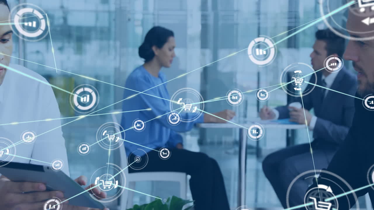 Network of connections and data processing animation over people in office setting