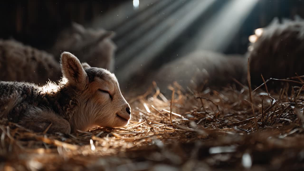 A Serene Moment: A Newborn Lamb Sleeping Peacefully in Haylight with Soft Rays Illuminating Its Gentle Face in a Tranquil Barn Environment