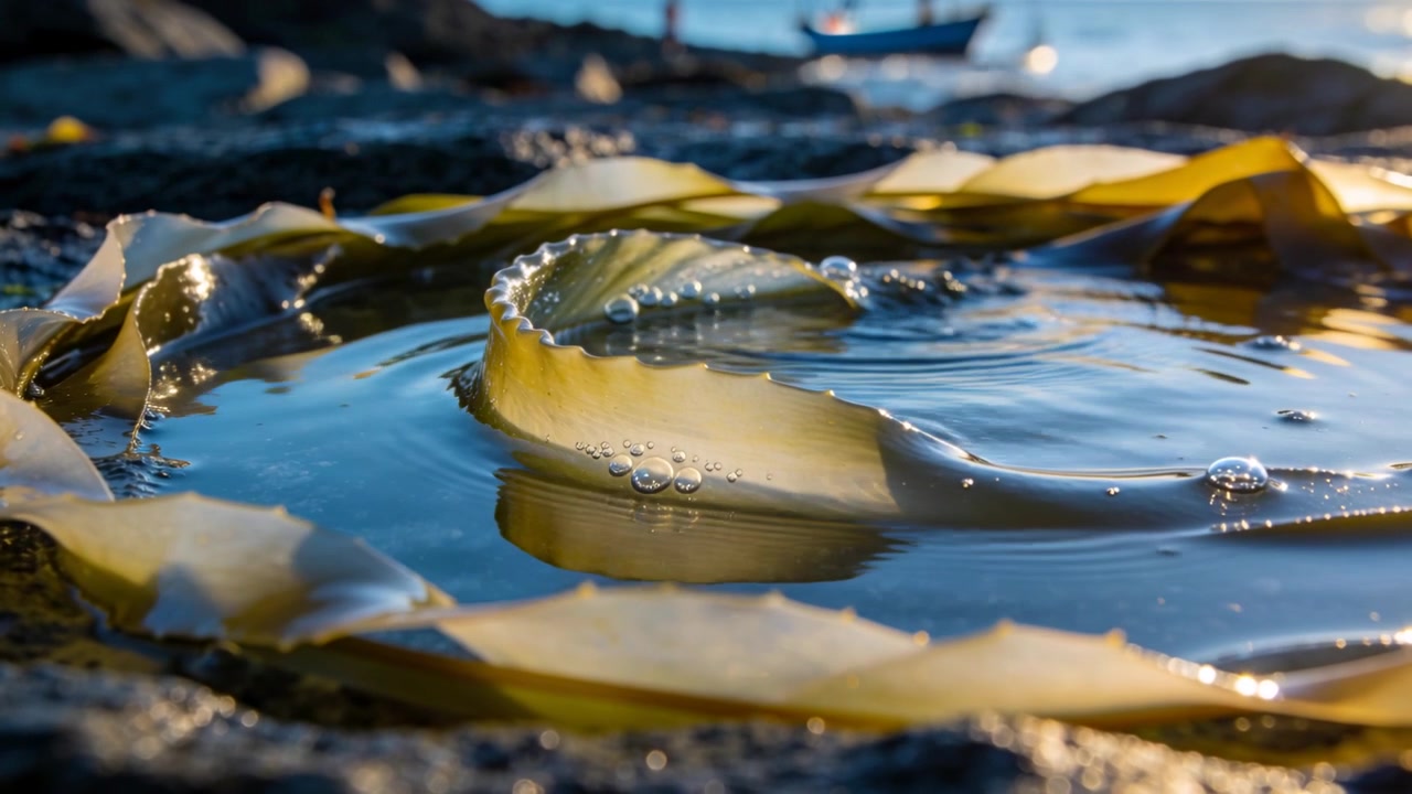 Rippling coiled brown kelp frond reacting to small ripple in shallow tidal pool, bubbles rolling
