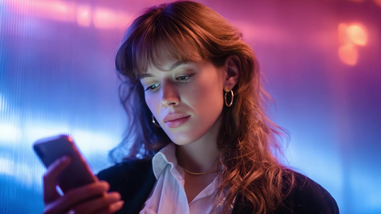 En ung kvinne betatt av smarttelefonen sin midt i levende, fargerik belysning, som fremhever moderne tilkobling og personlig engasjement i en digital tidsalder