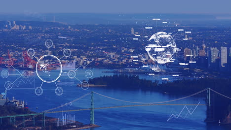animation of financial data processing and cityscape