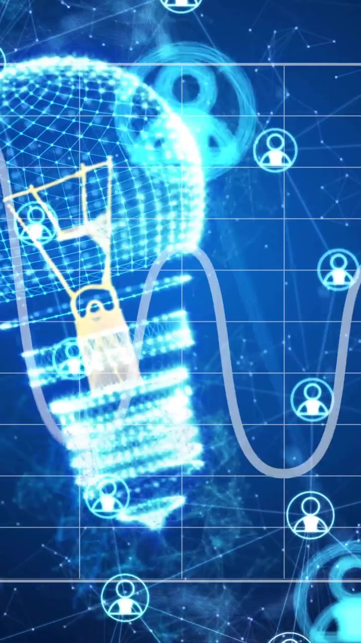 Animation of network of connections with icons over lightbulb and diagram