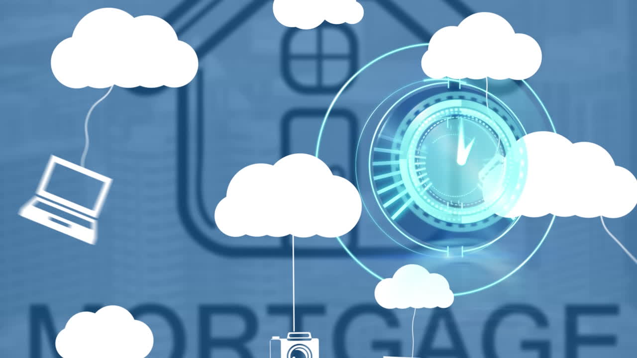 Animation of scope scanning and house over digital clouds with electronic devices