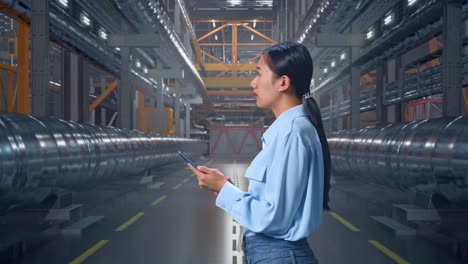 side view of an asian female professional worker standing in a in big warehouse filled with metal pipes, observes by looking up then she come to concentrating on the phone and keep on checking