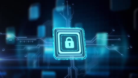 animación del procesamiento de datos con candado de seguridad en línea sobre una placa de circuitos informáticos
