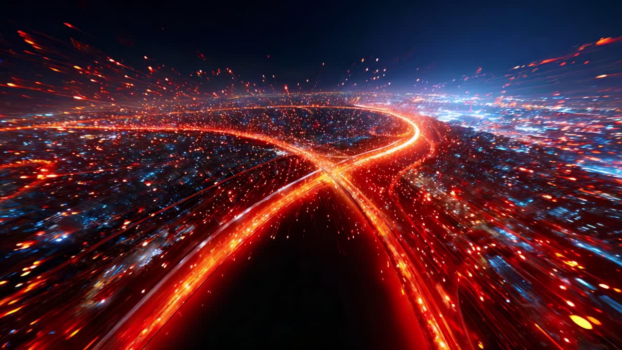 A Stunning Aerial View of Illuminated Urban Roads at Night Showcasing Bright Trails of Moving Vehicles Against a Vibrant Cityscape, Capturing the Energy and Movement of City Life