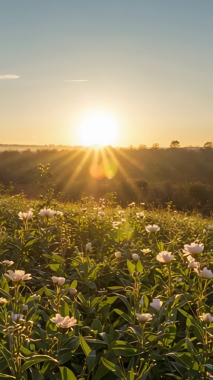 Vídeo vertical: Sol nascente iluminando um campo florido rosa-pálido em um prado, criando um efeito de reflexo de lente.