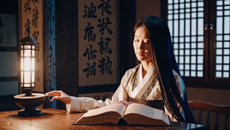 traditional scholar wearing hanbok studies ancient texts by the warm glow of a lamp, creating a serene atmosphere of learning and contemplation