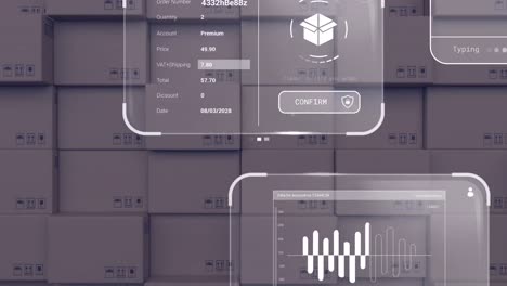 Animation of data on screens over cardboard boxes