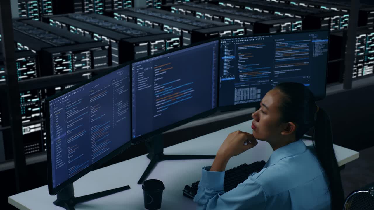 Side View Of Asian Woman Developer Thinking About Something Then Raising Her Index Finger While Write Code With Multiple Computer Screens In Data Center