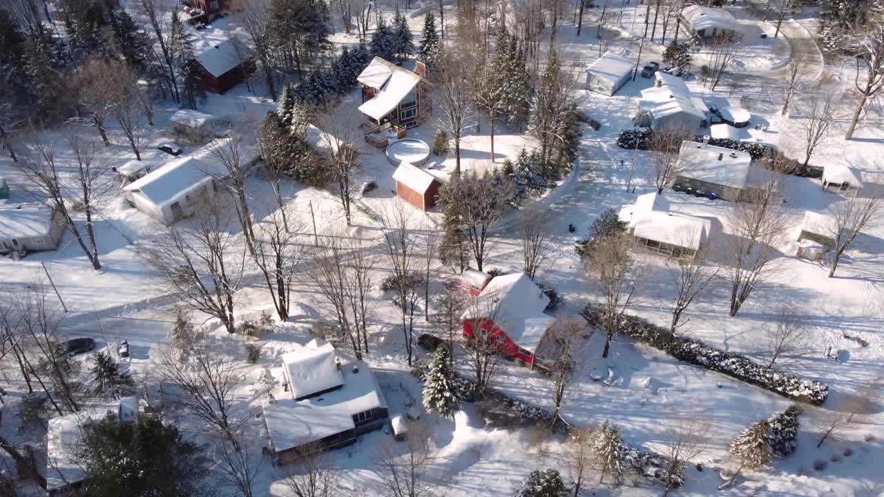 Drone view of a Canadian winter landscape in Sherbrooke