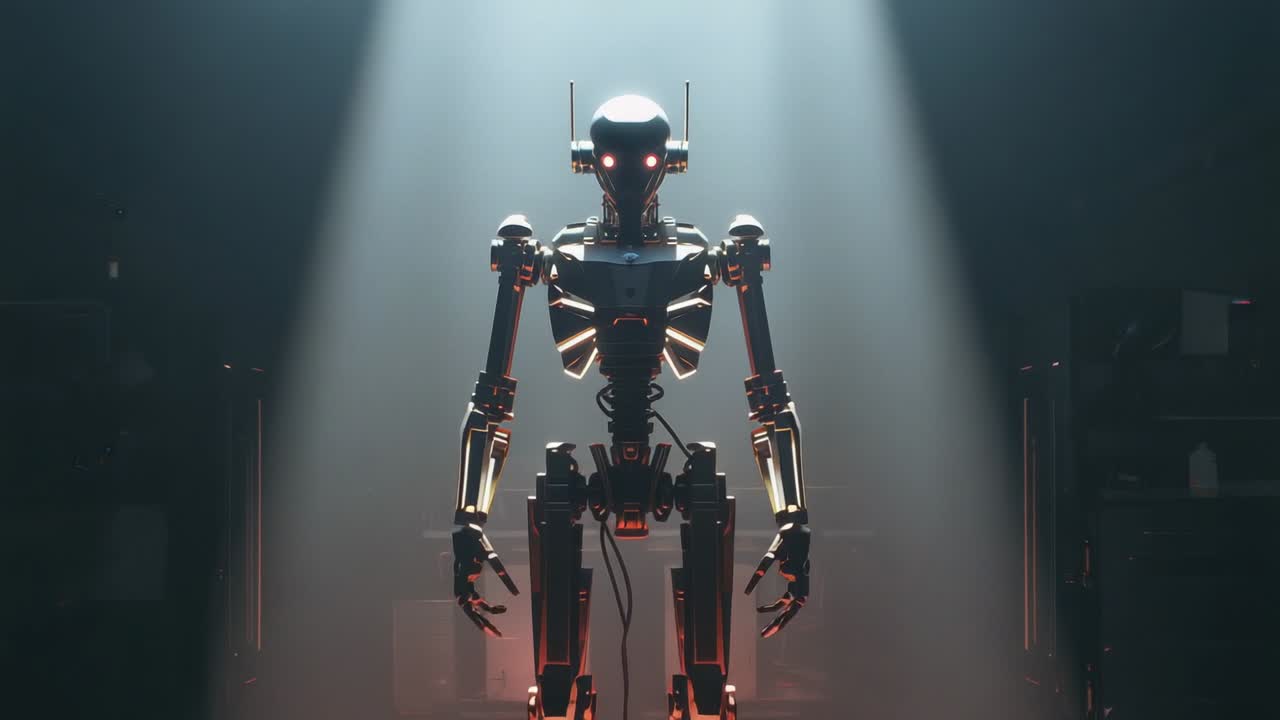 Initiating red eye lights, humanoid skeletal robot powering up on circular platform under spotlight