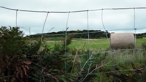 countryside meadow wire fence with rolled straw hay bale in open overcast british farmland