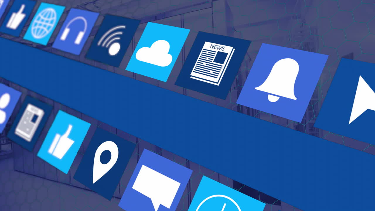 animación de iconos digitales que se mueven a través de servidores de computadoras