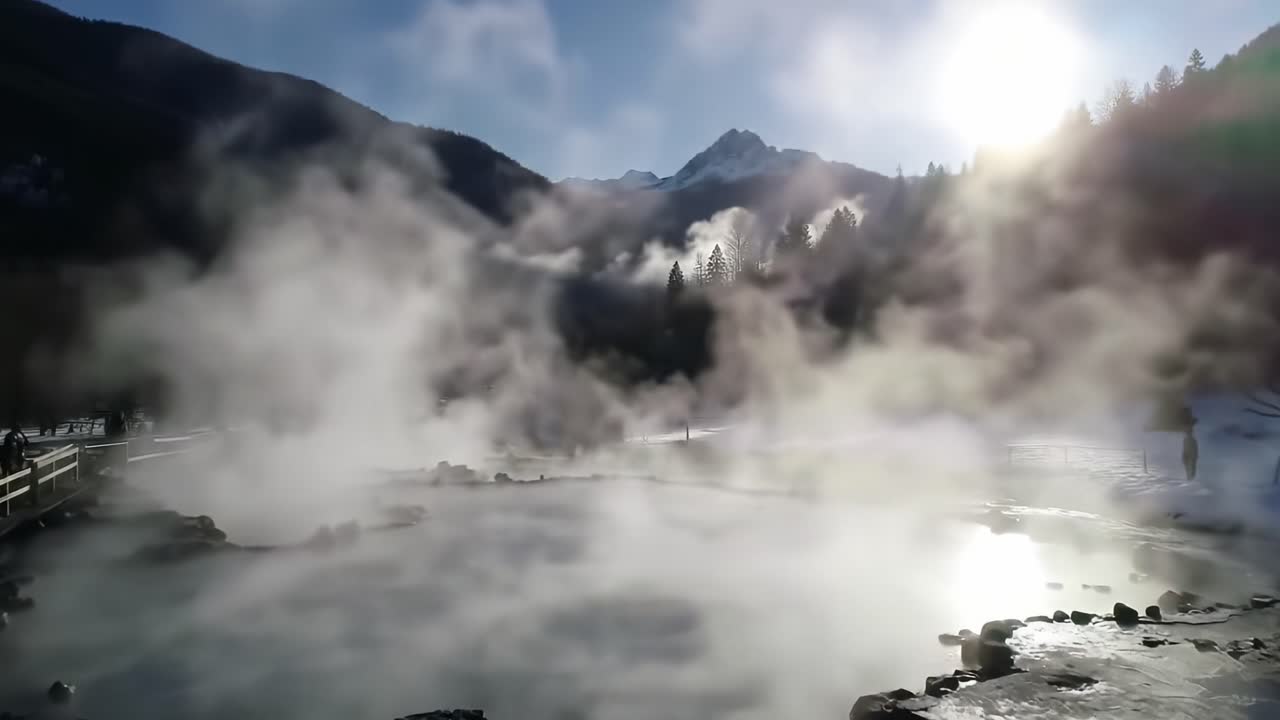 Serene Hot Springs in Winter: A Breathtaking View of Vapor Rising from Natural Pools Surrounded by Majestic Mountains and a Shimmering Sunlight Glow