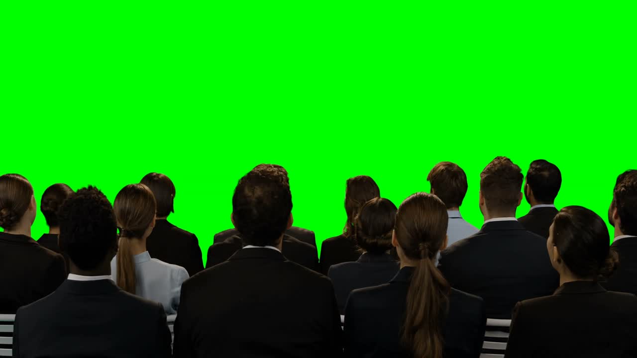 Business executives looking at invisible screen