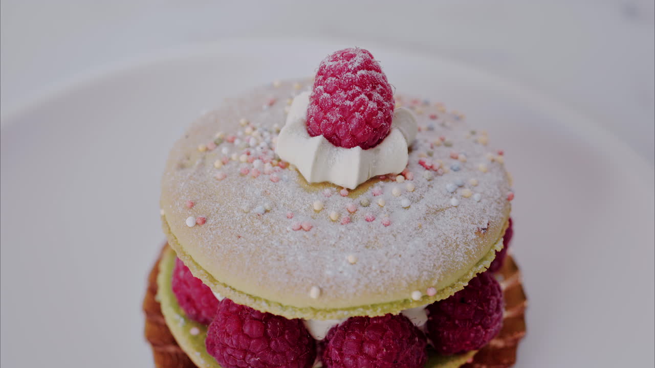 Close up of a giant macaron with raspberries and cream on a white plate