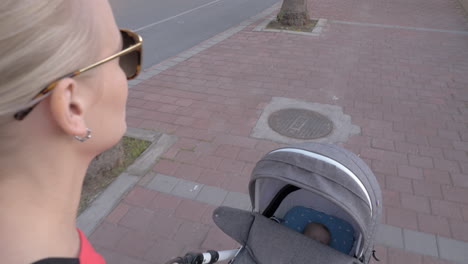 young mother walking with baby sleeping in pram