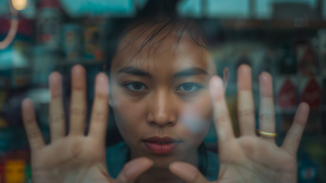 Camera starting, woman wearing teal top pressing palms to glass in small shop, showing gold ring