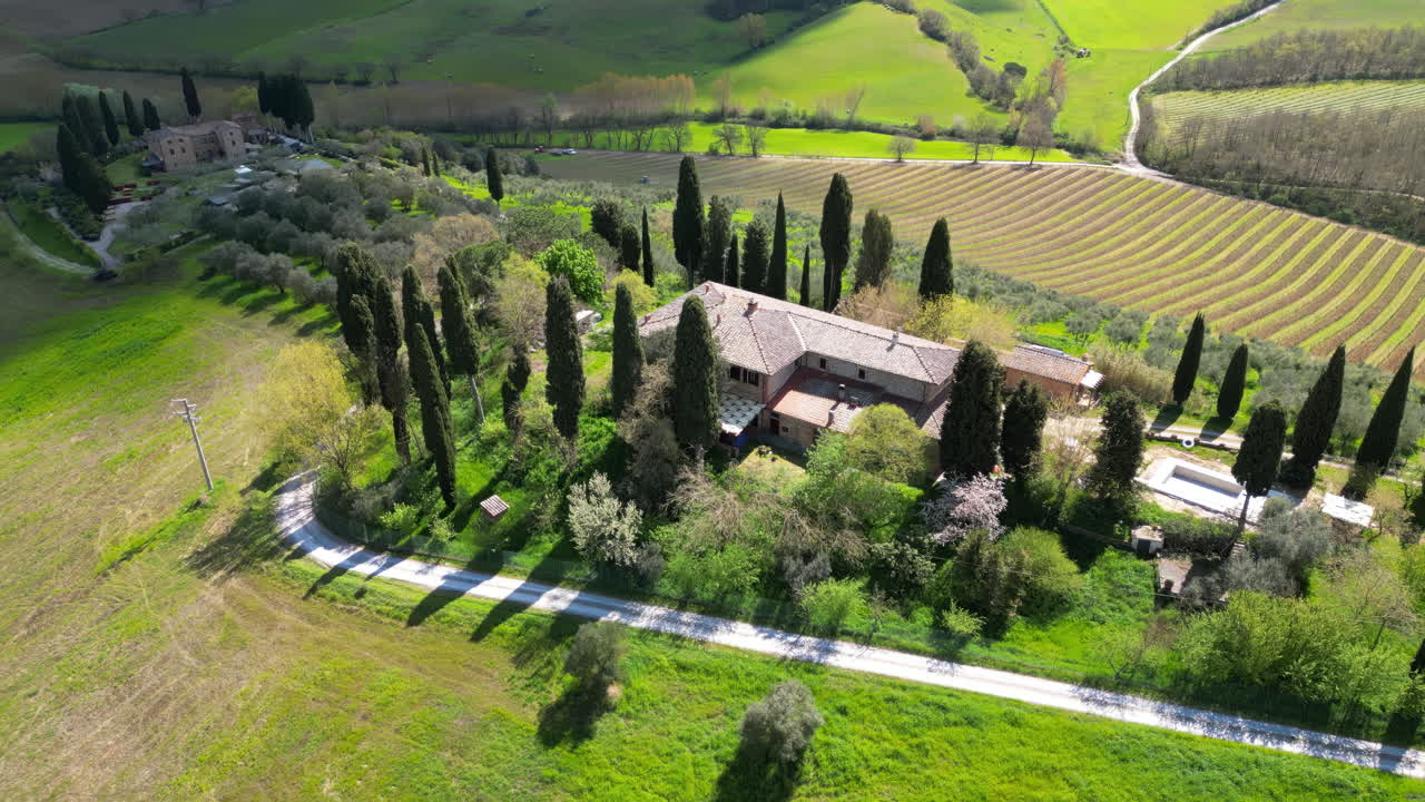 Aerial drone view of the Valdorcia region in Tuscany, central Italy
