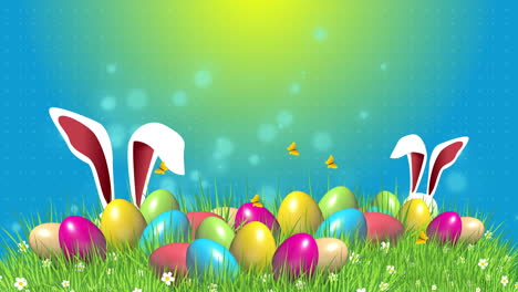 easter colored eggs on green grass and rabbit ears. abstract blue background with blurred particles. looped video.
