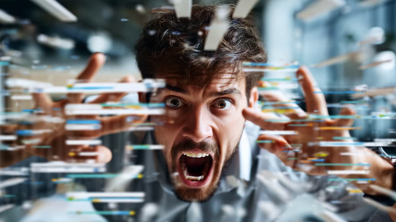 An Intense Moment Captured: A Man Expressing Raw Emotion with Outstretched Hands Amidst a Dynamic Digital Blur, Symbolizing Frustration and Engagement in a Fast-Paced World