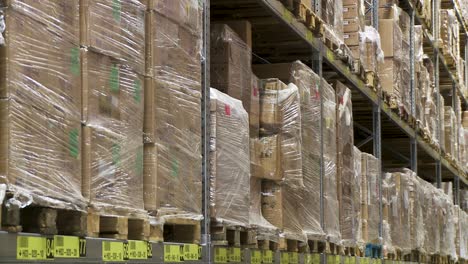 rows of wrapped pallets stacked in a warehouse, showcasing logistics and storage, shallow focus