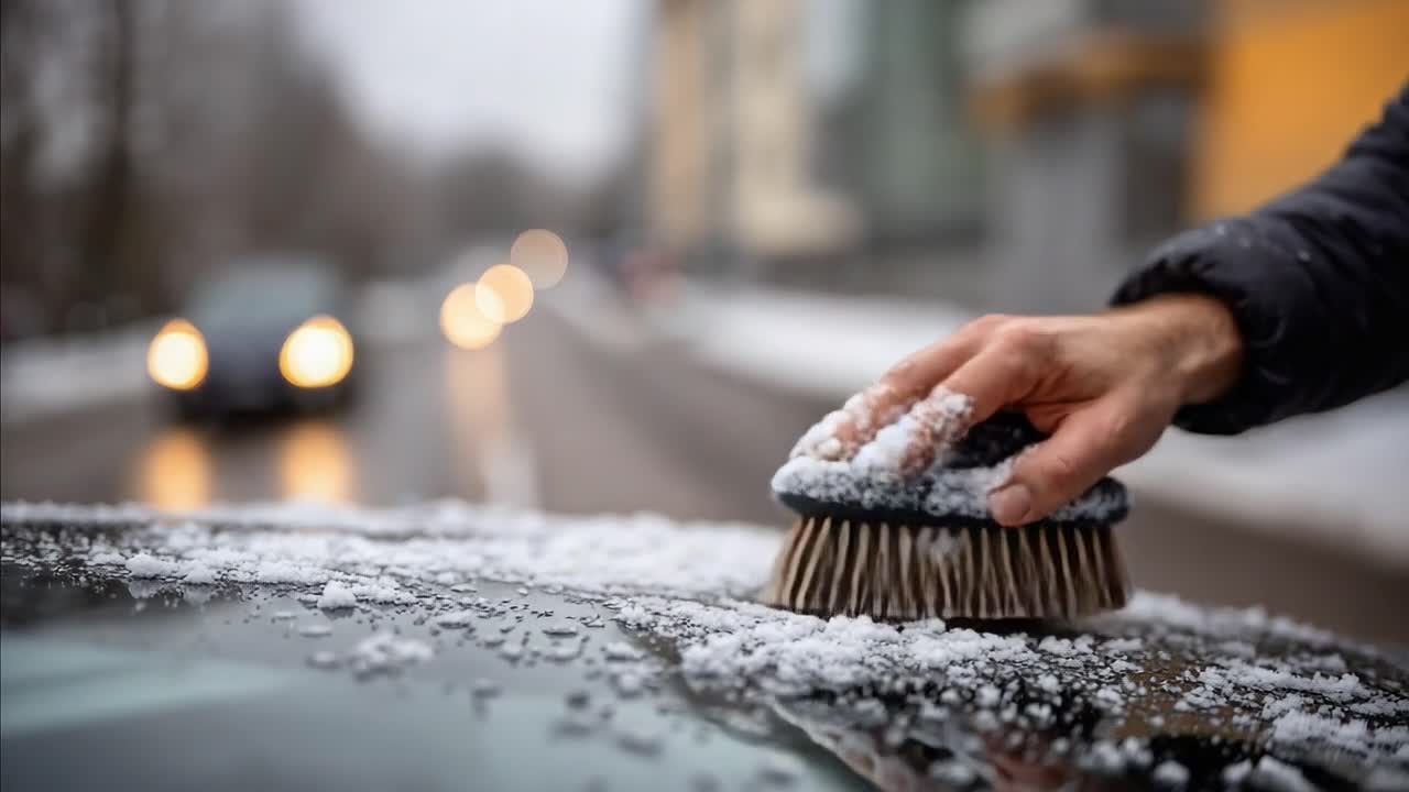 Carefully Brushing Off Snow and Ice from a Vehicle's Roof During Winter, Ensuring Clear Visibility for Safe Driving on Icy Roads