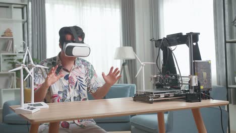 man using vr headset interacting with 3d printed wind turbines