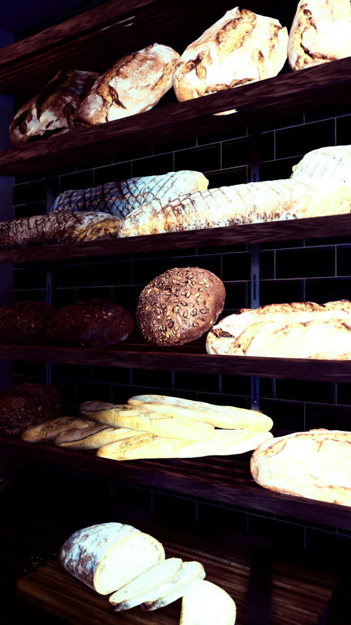 Bread on display in a bakery shop with various types and textures