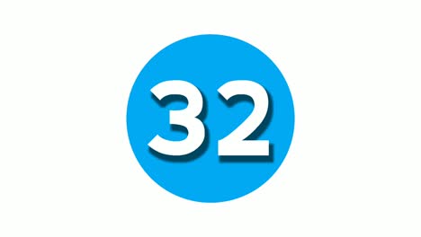 number 32 thirty two sign symbol animation motion graphics on blue circle white background,cartoon video number for video elements