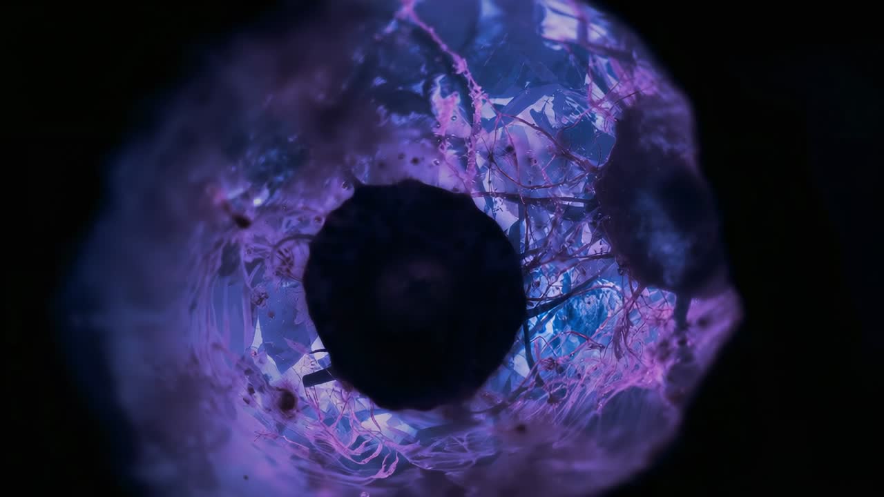 Advancing frames showing dark core pulsing with halo revealing nodule and specks in close-up