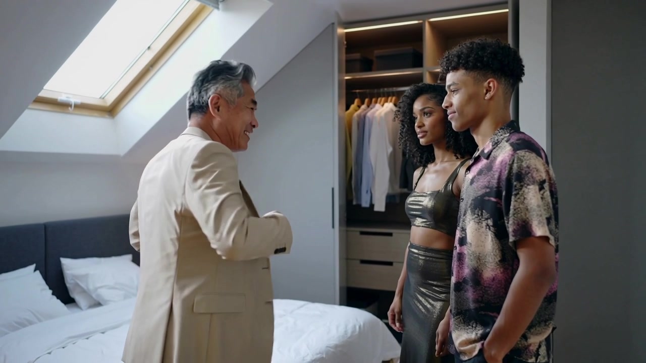 Lifting senior man adjusting beige jacket and greeting couple wearing metallic outfit in bedroom