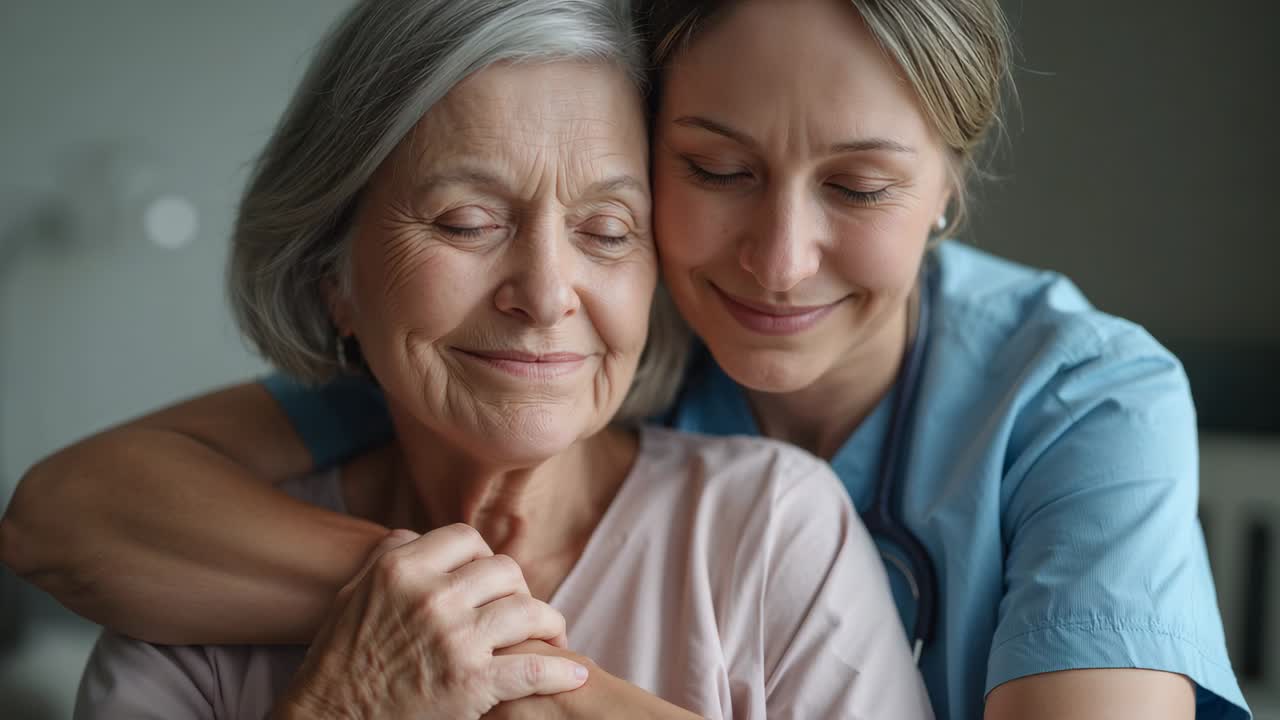 Approaching from right nurse embracing Senior at home, holding hands, comforting, wearing scrubs