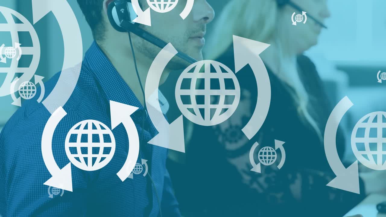 Animation of online globe icons over diverse business people wearing phone headsets