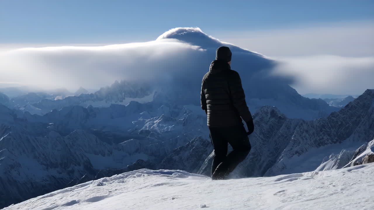 A person stands on a snowy mountain peak overlooking a vast, cloud-covered mountain range