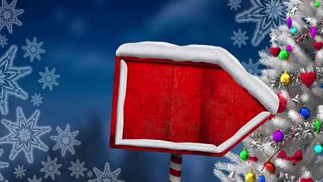 animación de paisaje de paisaje de invierno con un letrero rojo y un árbol de navidad decorado sobre fondo azul