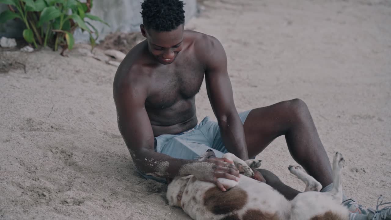 Uomo felice che accarezza e gioca con il cane su una spiaggia sabbiosa