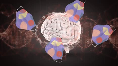 animación de células de covid-19 con máscaras faciales sobre el cerebro humano y hilos de adn girando