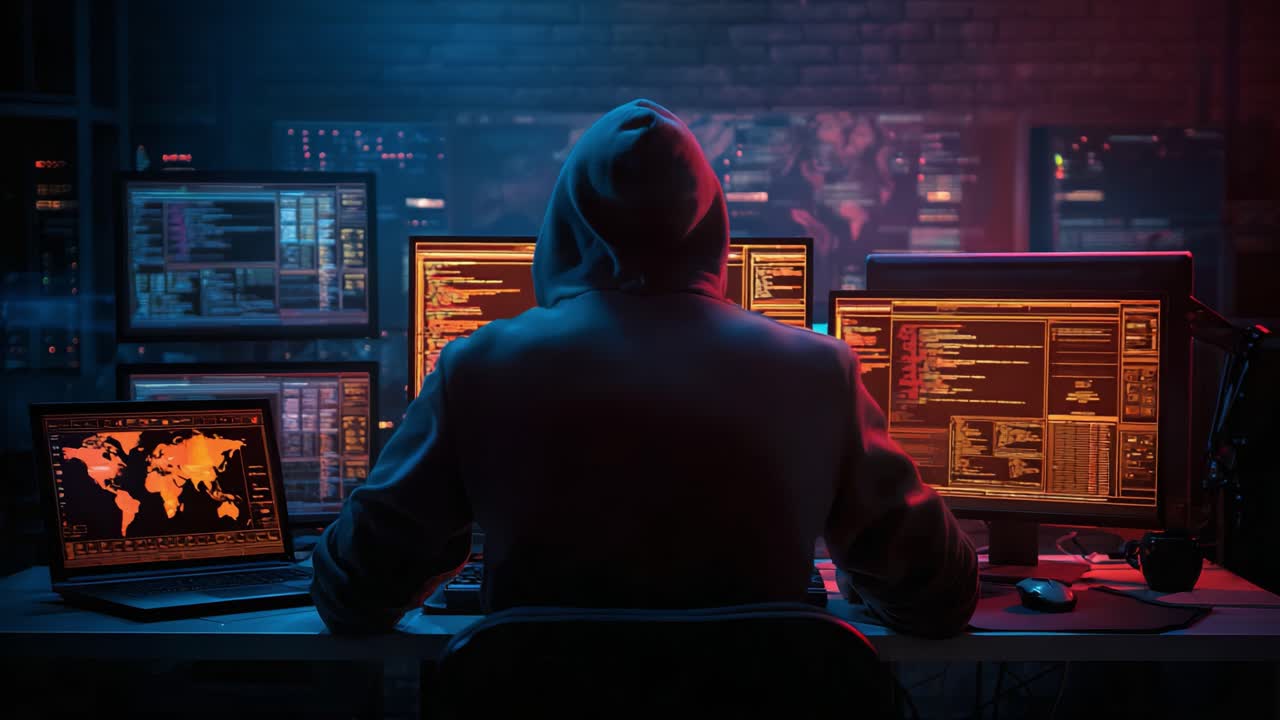 A Mysterious Hacker in a Dimly Lit Room, Engrossed in Multiple Monitors Displaying Code and Data, Highlighting the Intricacies of Cybersecurity and Technology