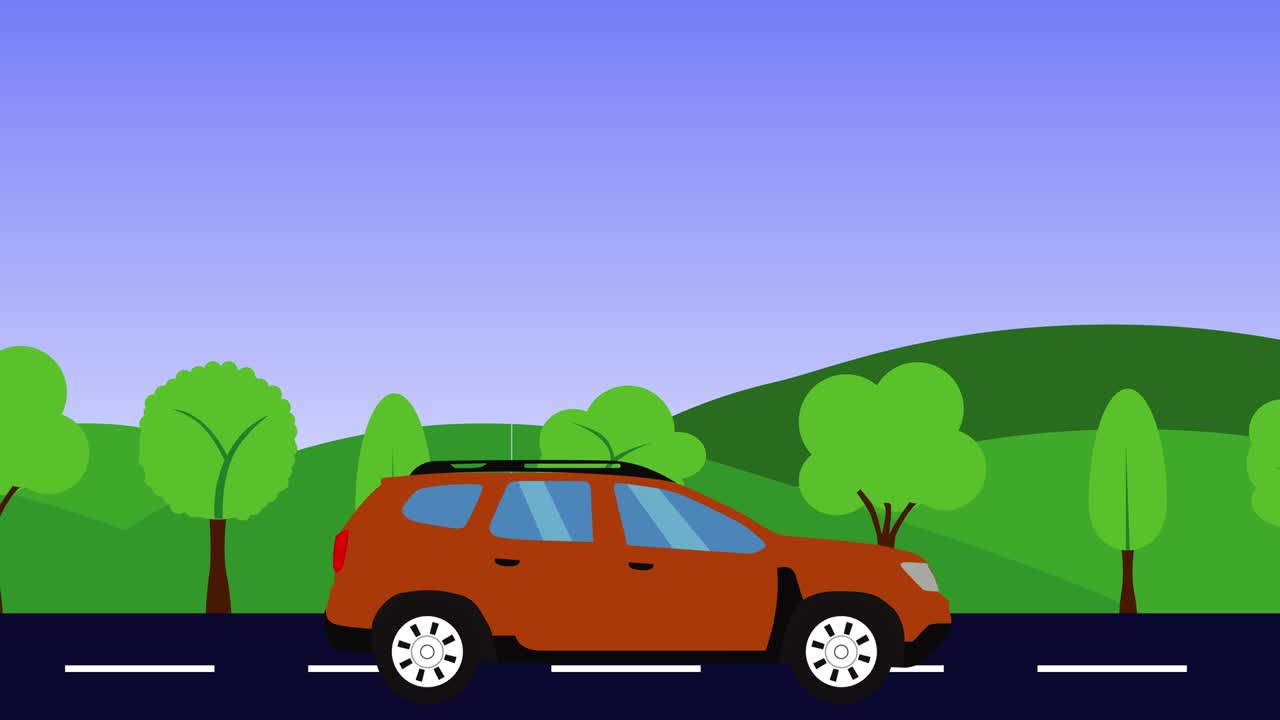 자연 풍경 애니메이션 언덕, 도로에서 달리는 자동차, 평평한 디자인, 원활한 루프