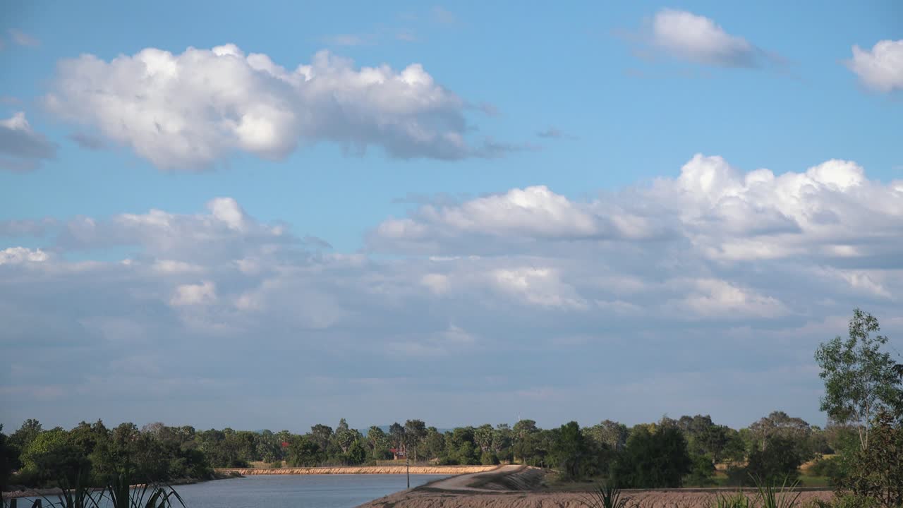 lapso de tiempo de las nubes en el cielo azul a la deriva sobre los árboles y el lago creando sombras en la tierra