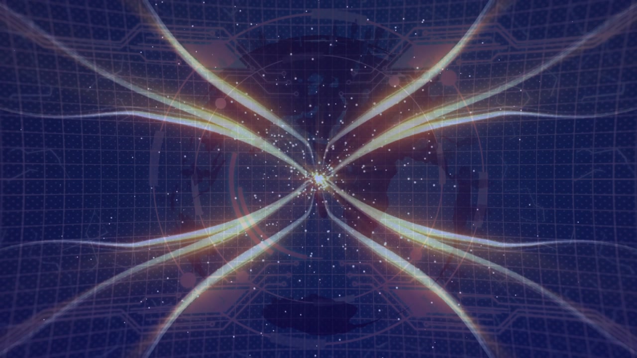 Golden energy core appearing and glowing, sending beams pulsing in blue grid for data flow