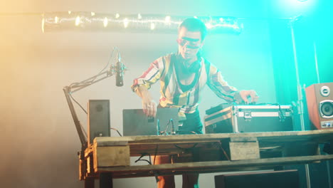 woman artist mixing records and vinyl for disco tunes