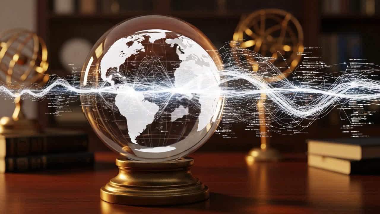 Connectivité mondiale innovante à travers un globe de cristal : exploration des vagues d’information et de technologie dans une ère numérique stimulante
