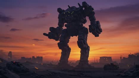 a massive battle mech soars above a dystopian landscape at sunset, showcasing advanced technology in a world of ruins and desolation